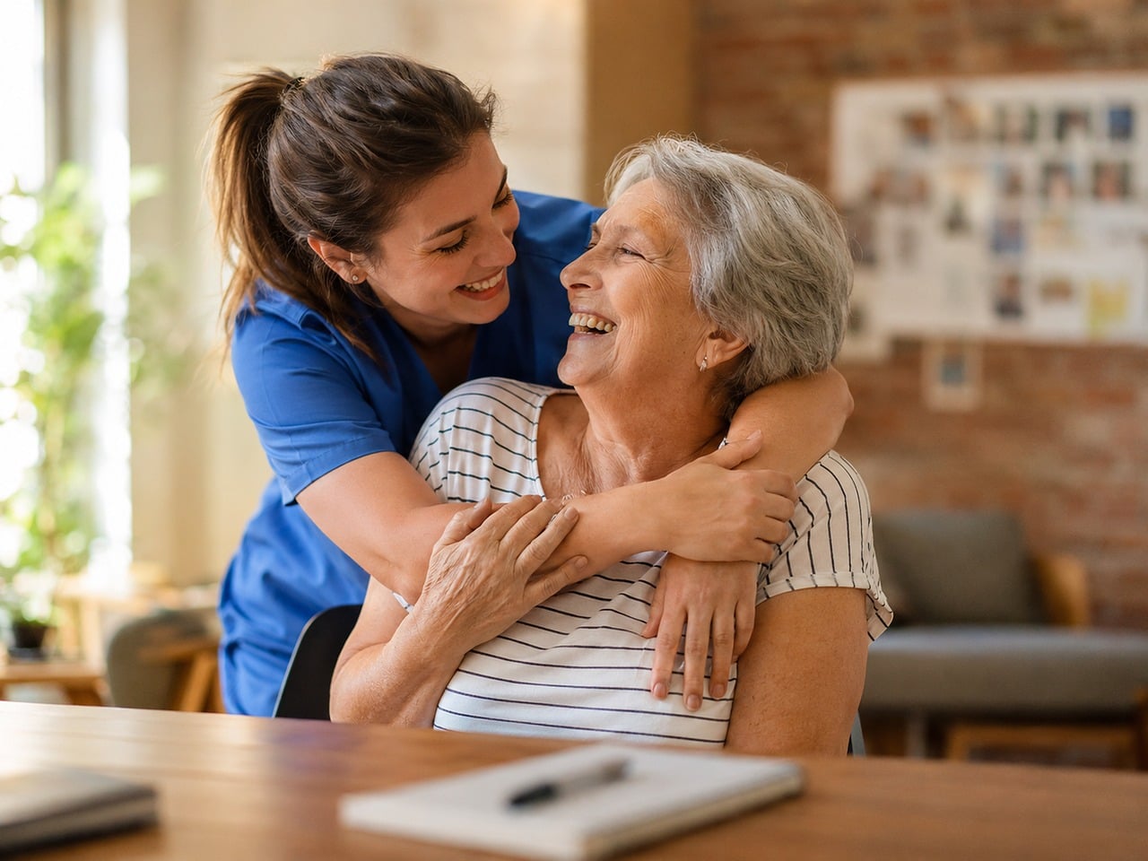 OINP Pathway Requirements for Healthcare Support Workers under NOC 33102 A smiling healthcare worker in blue scrubs hugs an elderly woman, representing a nurse aide or personal support worker under NOC 33102 qualifying for the Ontario Immigrant Nominee Program.